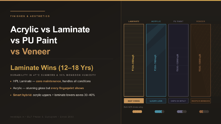 Acrylic vs Laminate vs PU Paint vs Veneer: Best Kitchen Finish for Delhi NCR Climate
