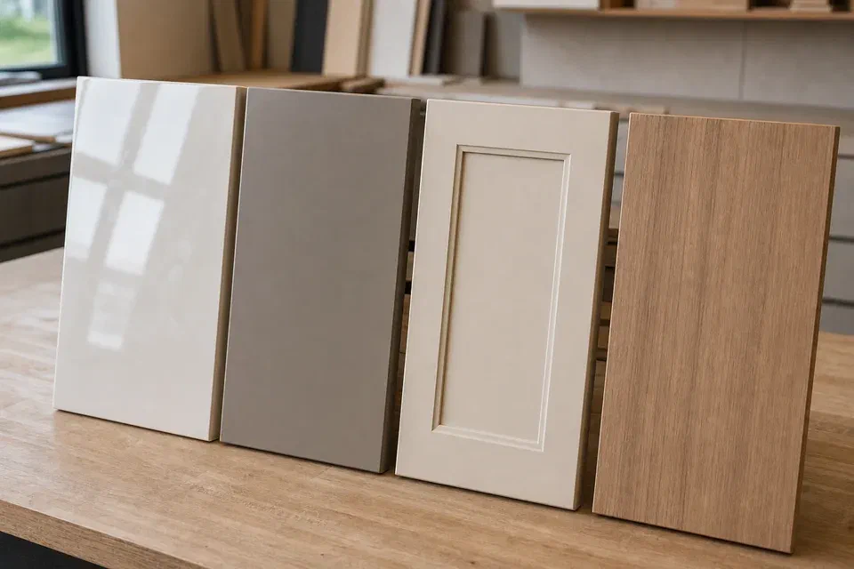 Acrylic laminate PU paint and veneer shutter finish visual reference for Delhi NCR kitchens