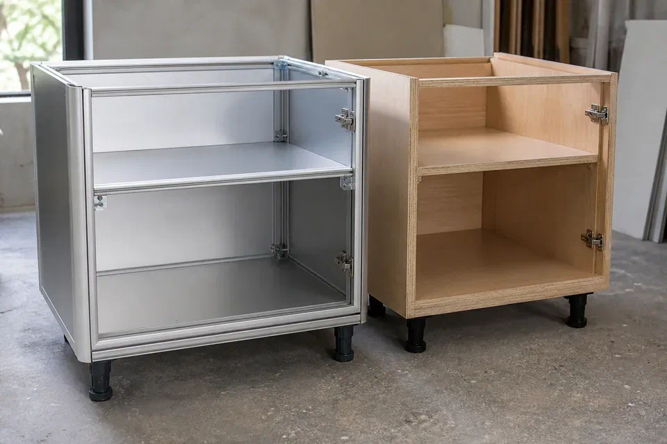 Illustrative aluminium and BWP plywood kitchen carcass comparison in a Gurugram apartment