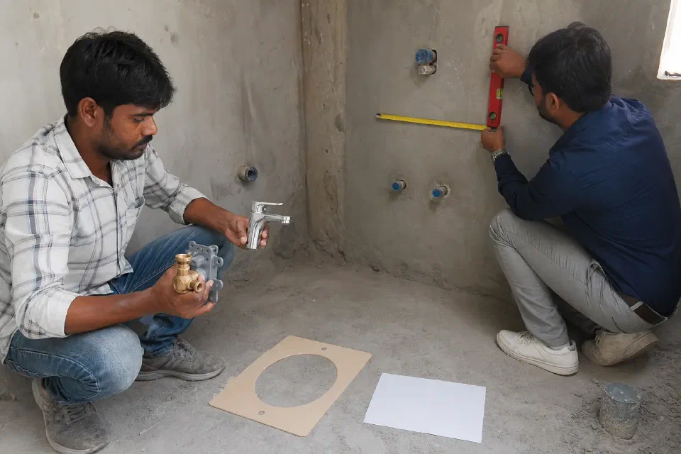 Illustrative Gurugram bathroom fitting survey with faucet model sample tape measure concealed body and plumbing drawing