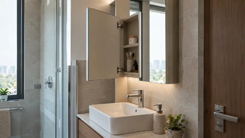 A side elevation style photographic view of wall, cabinet depth, tap and swing