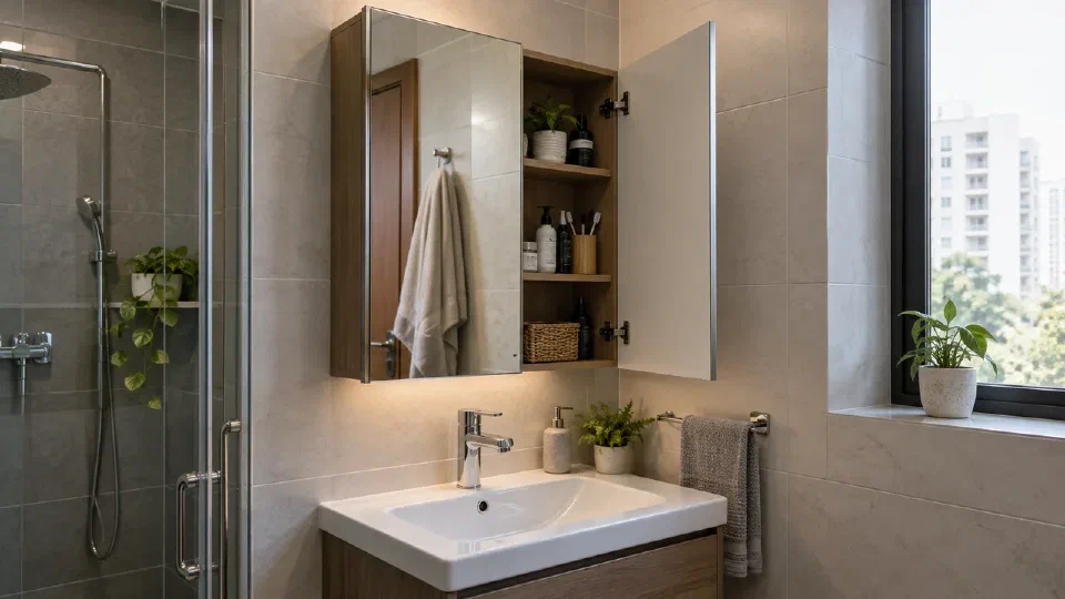 A mirror cabinet door opening above a basin with plausible tap clearance
