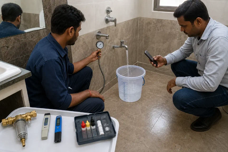 Illustrative Delhi NCR bathroom water pressure and flow test with gauge measured container and accessible strainer