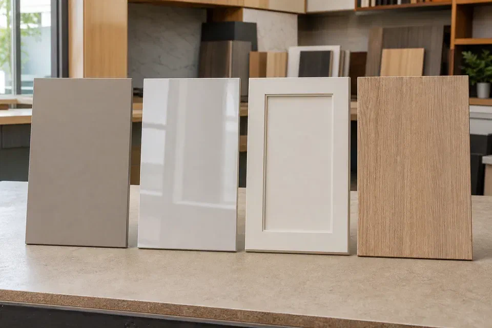 Modular kitchen cabinet material samples visual reference for Indian homes