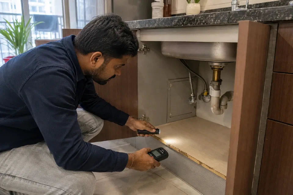 Illustrative Delhi NCR cabinet inspection showing sealed board edge plumbing cut-out leak path shelf span and hinge mounting