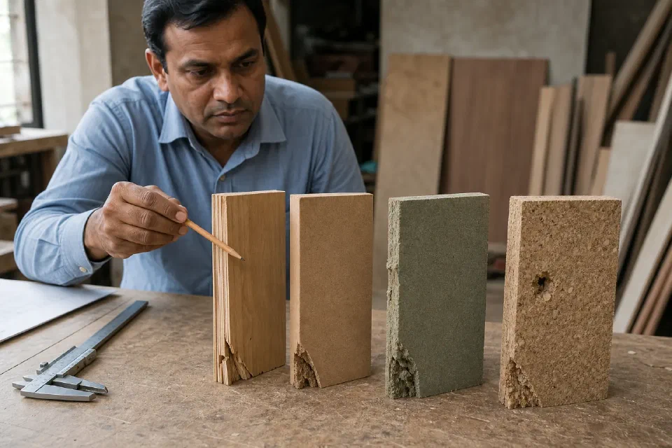 Illustrative plywood MDF HDHMR and particle-board cabinet samples showing dry edges water damage and hinge stress in Gurugram