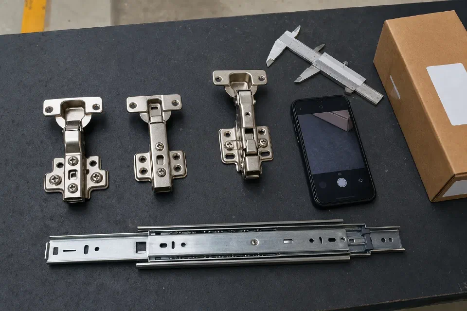 Illustrative Gurugram cabinet hardware inspection comparing hinge article identity packaging and invoice before installation