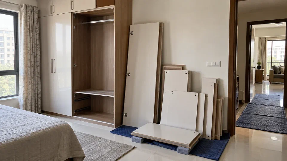 Fitted wardrobe components protected and staged after a relocation survey