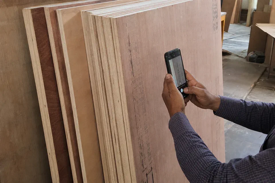 Illustrative commercial plywood sheet stack with grade and standard markings being checked in Gurugram