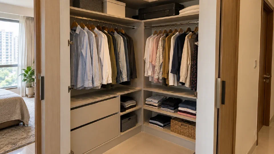 The actual corner interior, shelf return and hanging access in close view