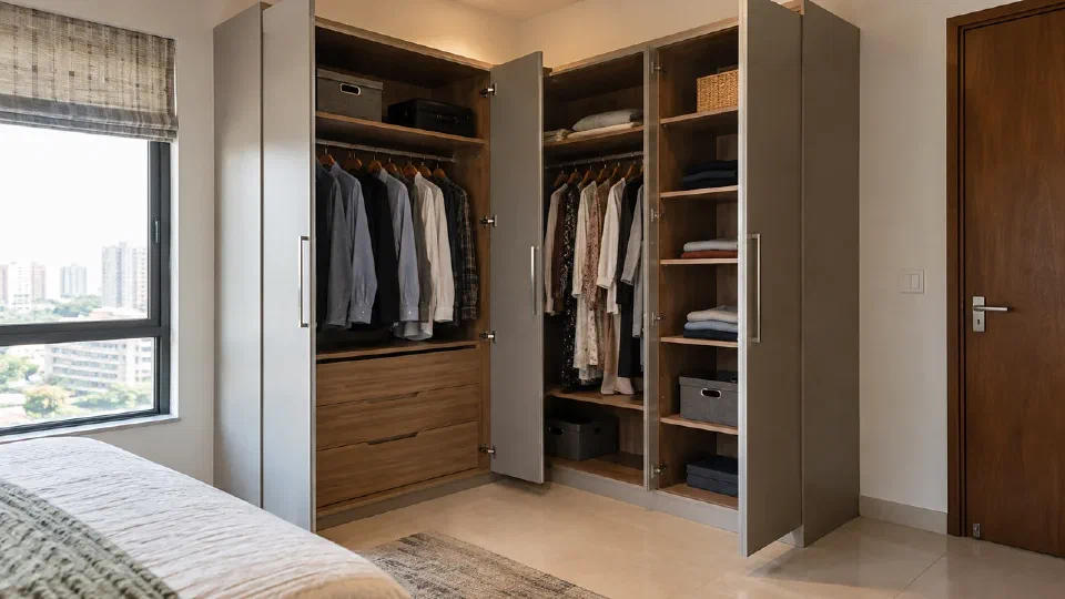 An L-shaped wardrobe with open doors revealing hanging and shelf areas