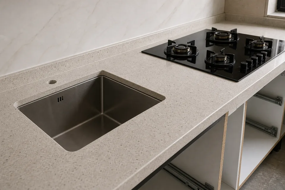 Kitchen countertop sink hob and edge detail visual reference for Delhi NCR installation