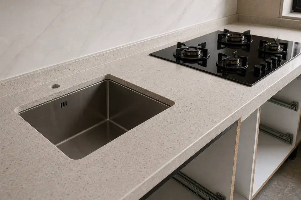 Kitchen countertop sink hob and edge detail visual reference for Delhi NCR installation