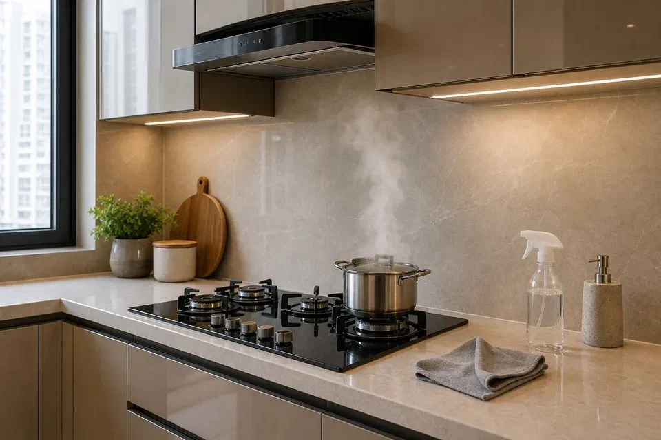 Kitchen shutter finish maintenance visual reference for heat humidity and fingerprints