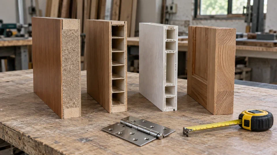 Four physical door-section samples that distinguish construction and edge treatment