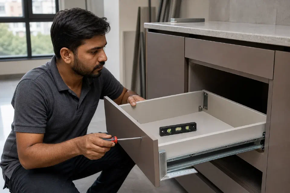 Illustrative Gurugram soft-close drawer inspection checking alignment runner engagement and loaded drawer mass