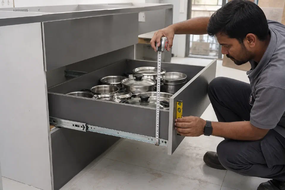Illustrative Delhi NCR cabinet drawer runner installation showing side clearance load check and article reconciliation