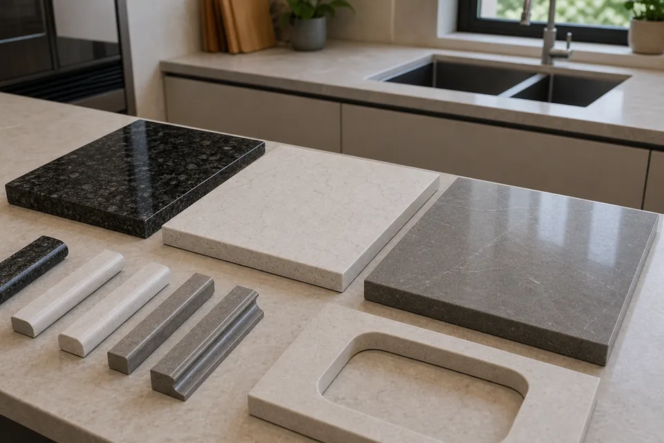 Granite quartz and sintered stone countertop samples visual reference for Delhi NCR kitchens