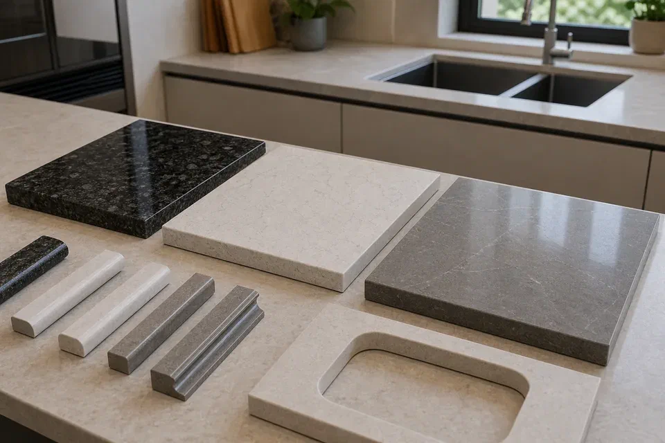 Granite quartz and sintered stone countertop samples visual reference for Delhi NCR kitchens
