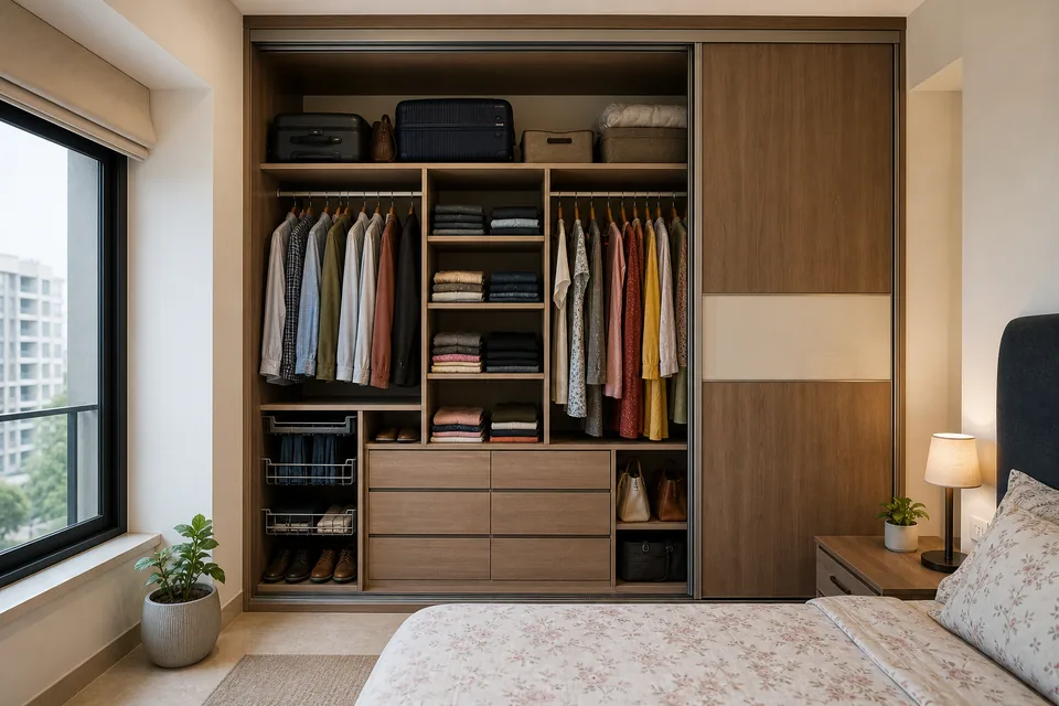 Gurgaon apartment wardrobe interior layout visual reference with loft drawers shelves and hanging