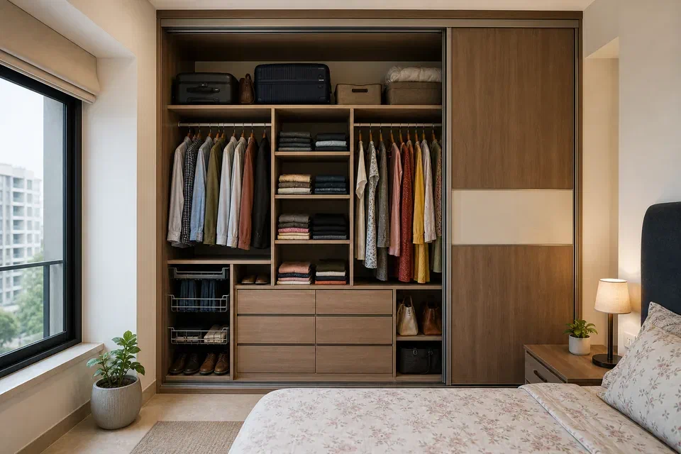 Gurgaon apartment wardrobe interior layout visual reference with loft drawers shelves and hanging