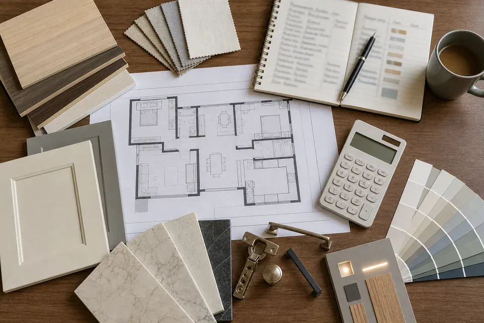 Interior budget allocation visual reference with material samples and room planning