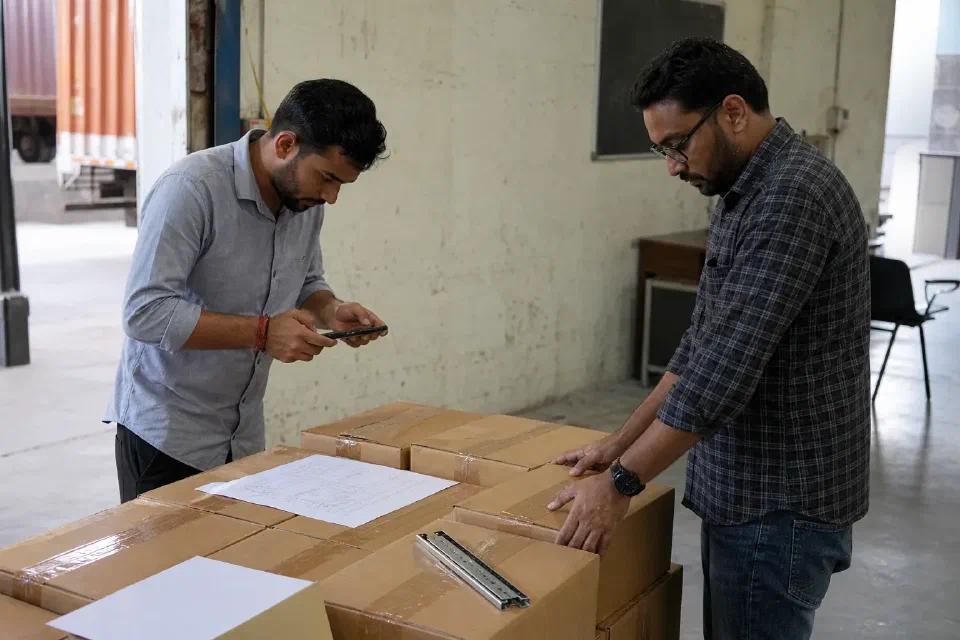 Illustrative Delhi NCR kitchen hardware delivery inspection with cartons invoice cabinet drawing and hinge sample