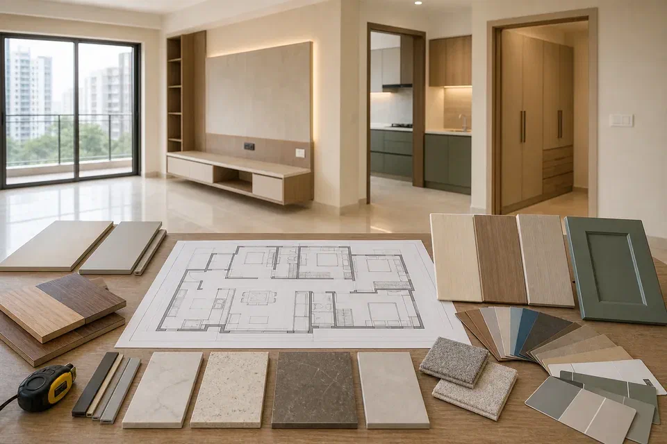 Gurgaon home interior scope visual reference for kitchen wardrobe and living room budget planning