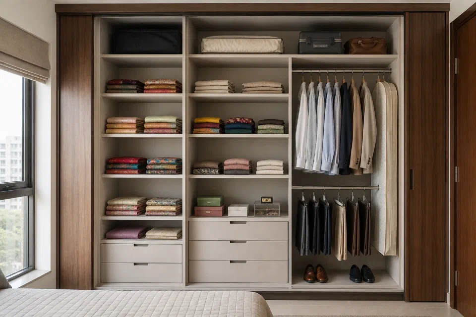 Illustrative Indian wardrobe shelves to rods ratio visual reference for sarees suits and kurtas