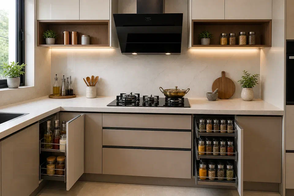 Indian cooking modular kitchen visual reference with chimney hob masala and oil storage