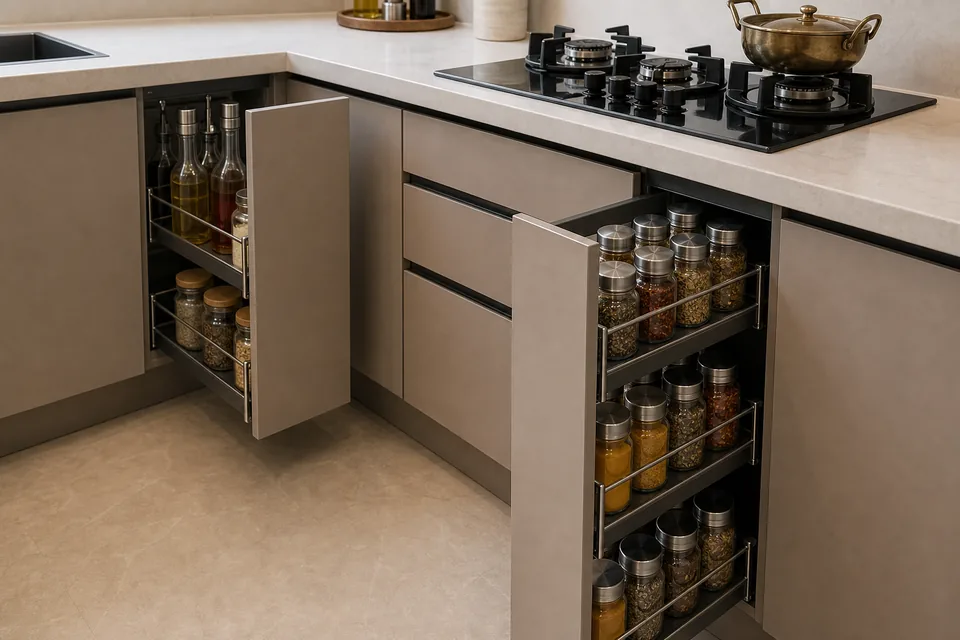 Masala and oil pull out storage visual reference for Indian modular kitchen design
