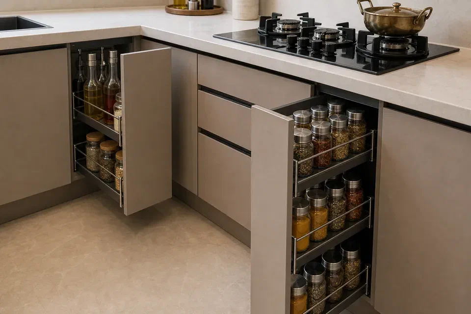 Masala and oil pull out storage visual reference for Indian modular kitchen design