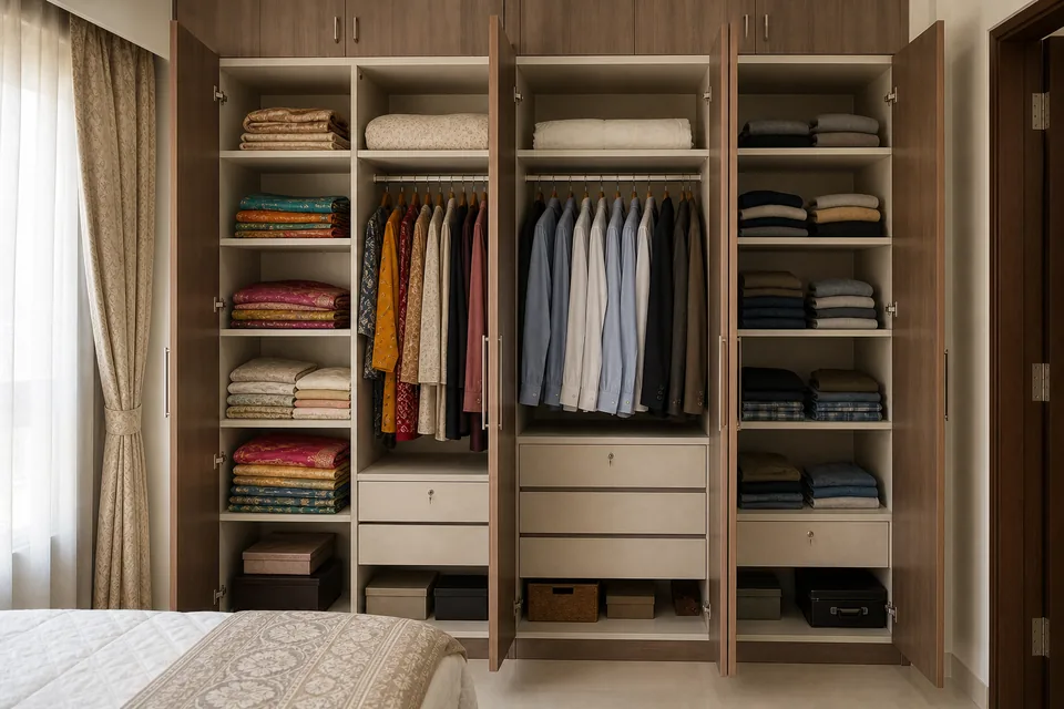 Indian wardrobe shelves to rods ratio visual reference for sarees suits and kurtas