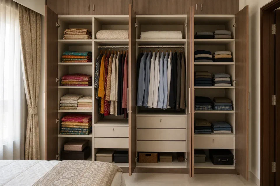 Indian wardrobe shelves to rods ratio visual reference for sarees suits and kurtas