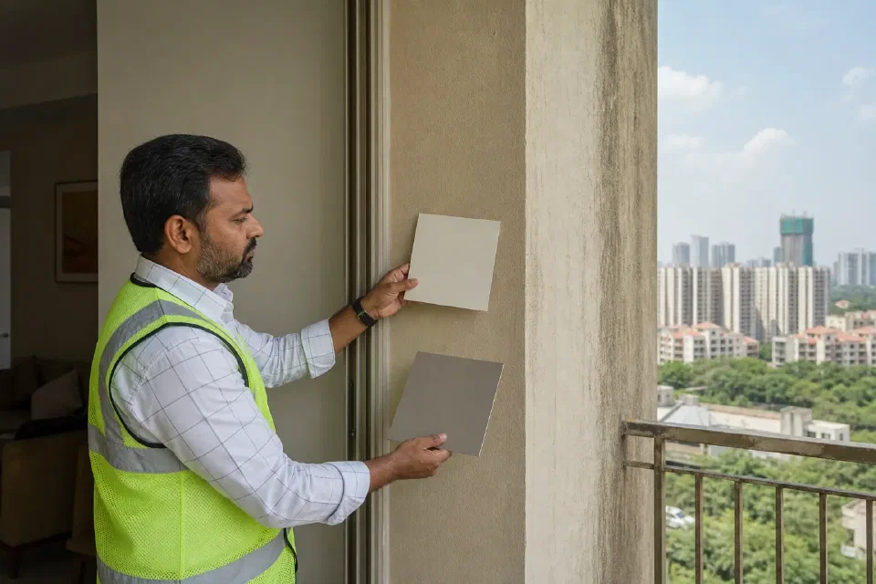 Illustrative Gurugram apartment showing protected interior wall and weather-exposed balcony wall paint zones
