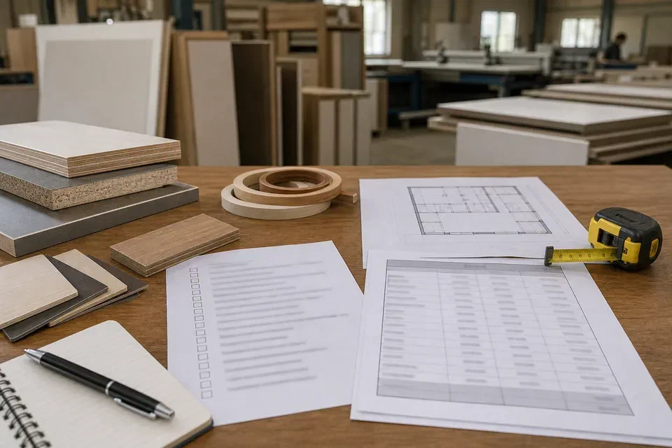 Interior manufacturer evaluation visual reference with factory materials and BOQ checklist