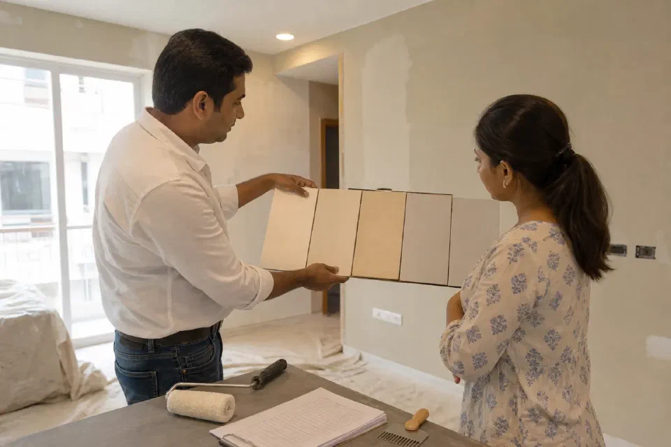 Illustrative Gurugram interior paint comparison with neutral sample boards product data sheets rollers and measured wall area