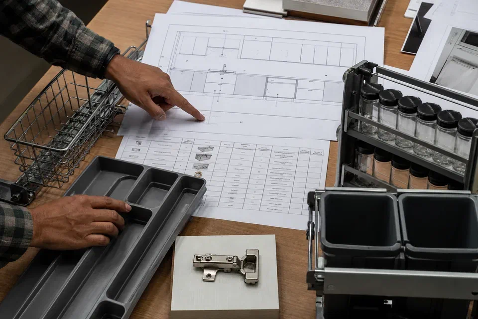 Illustrative modular kitchen accessory BOQ mapped to cabinet locations in Gurugram
