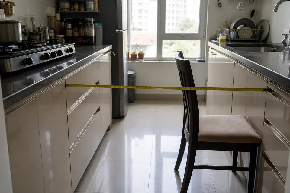 Illustrative Gurgaon parallel kitchen showing clear aisle measurement between opposing cabinet fronts
