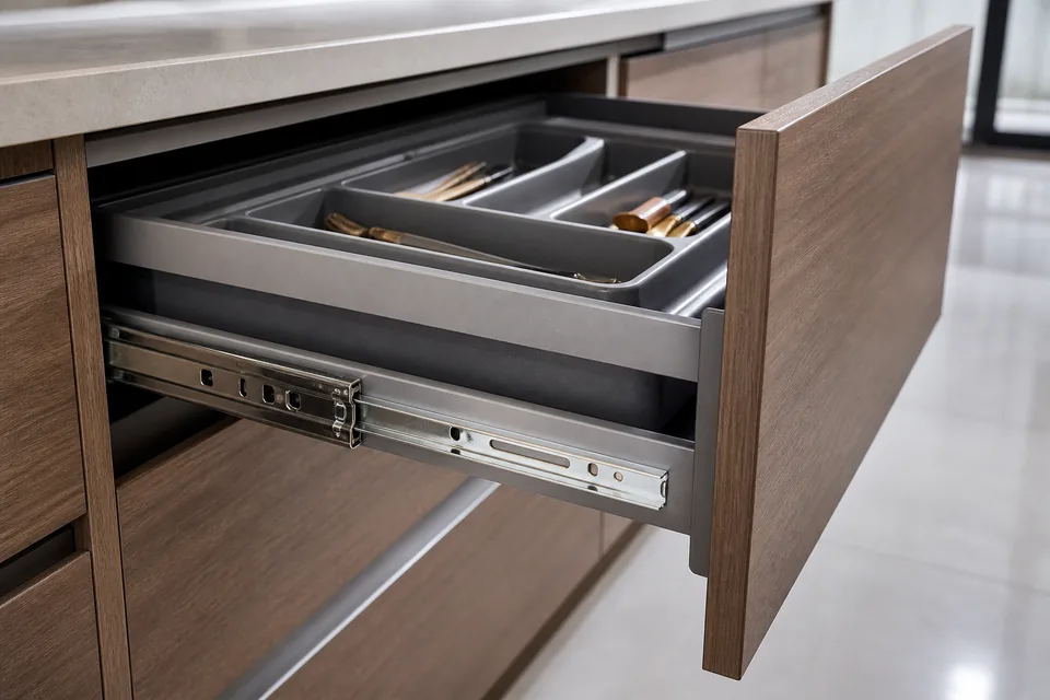 Kitchen drawer runner and box system visual reference for hardware selection