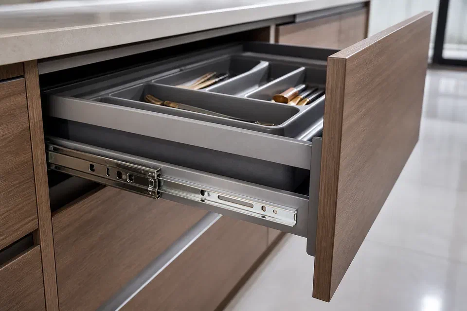 Kitchen drawer runner and box system visual reference for hardware selection
