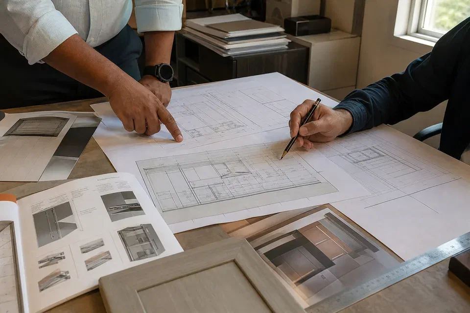 Illustrative WoodAge modular kitchen plan elevation and revision sign-off sheet for a Gurugram project