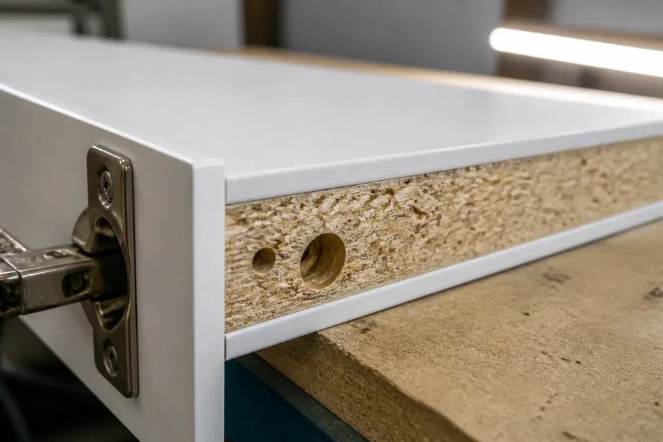 Kitchen cabinet edge banding close up visual reference for long term durability