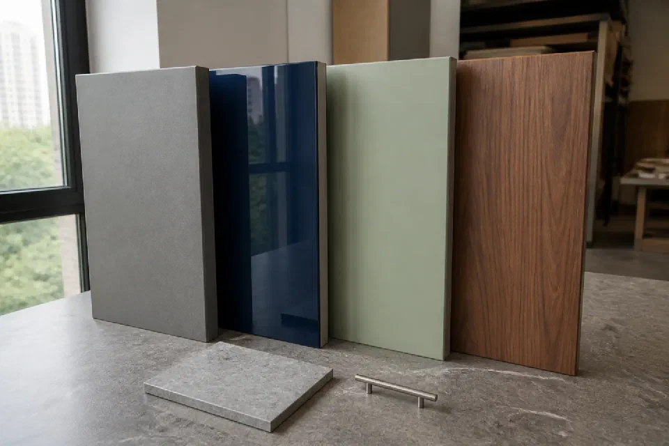 Illustrative acrylic laminate PU paint and veneer shutter finish visual reference for Delhi NCR kitchens
