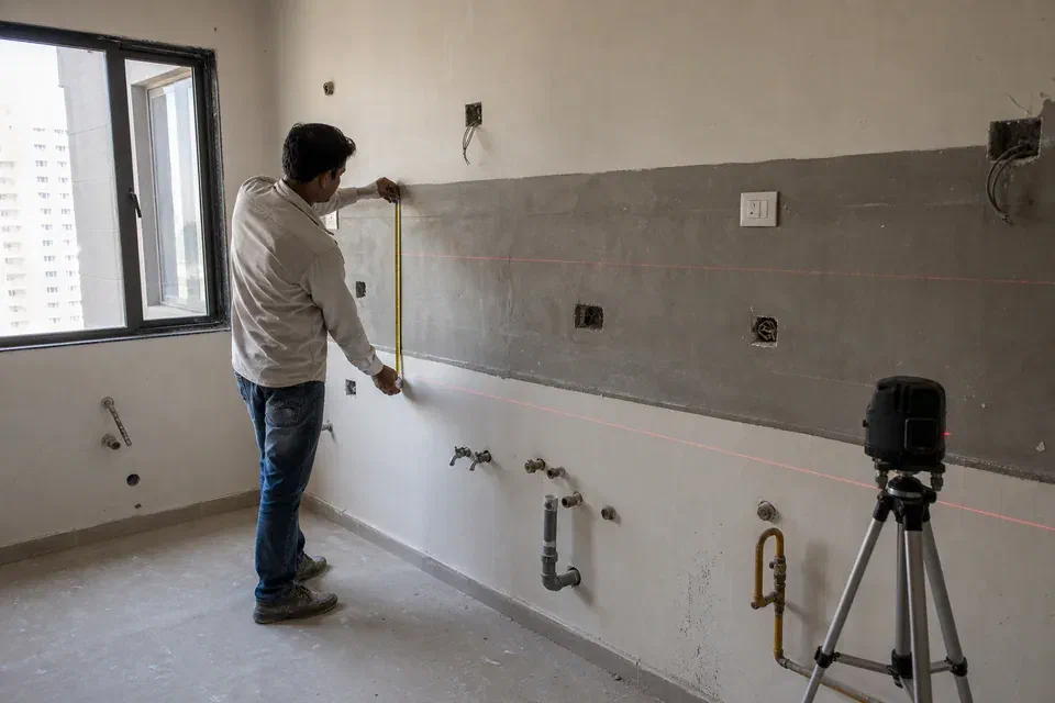 Illustrative WoodAge site measurer recording kitchen wall openings and service points in Gurugram