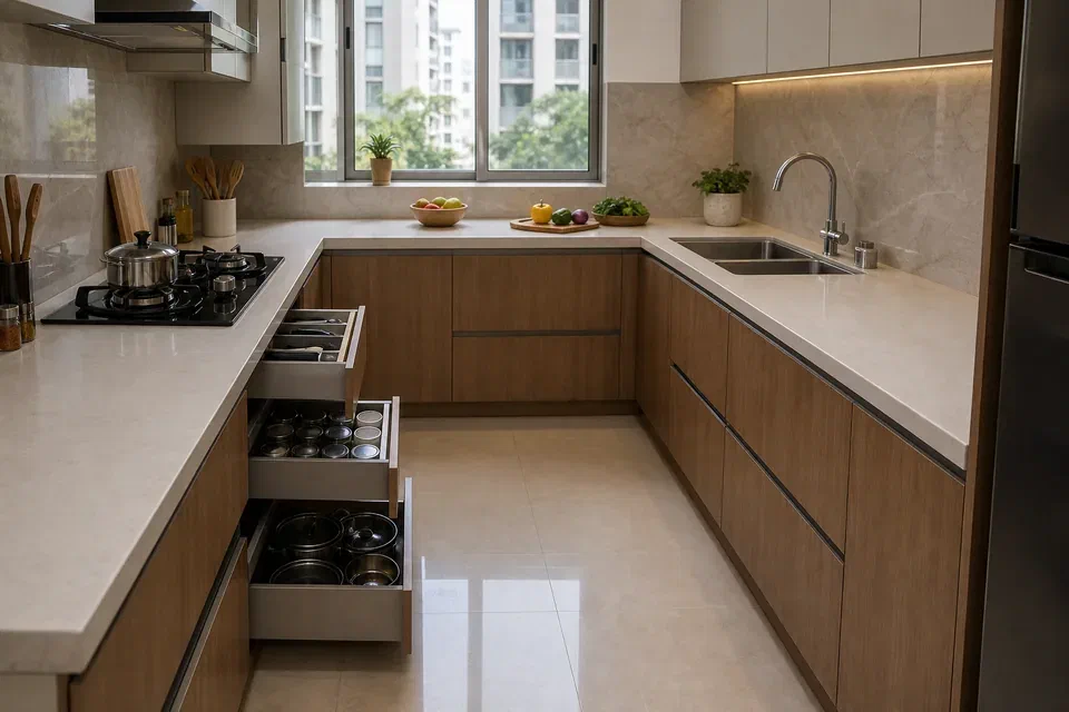 Indian kitchen work triangle visual reference with hob sink and prep zones