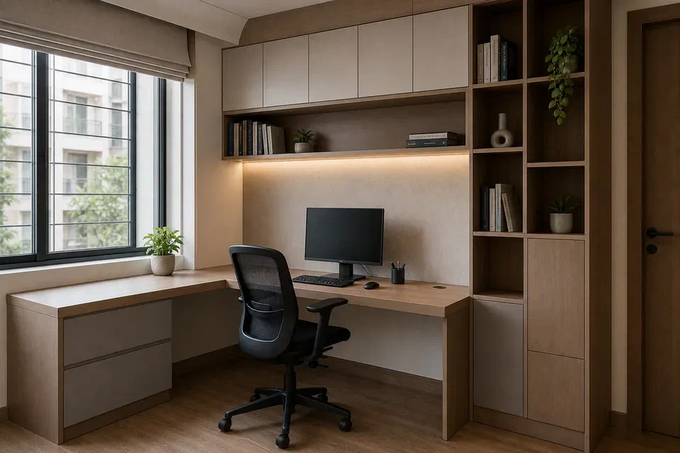 L shaped study table visual reference with bookshelf and cable routing for Gurgaon apartment