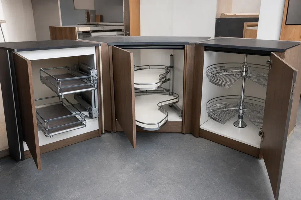 Illustrative Magic Corner LeMans and carousel mechanisms compared in Gurugram kitchen cabinets