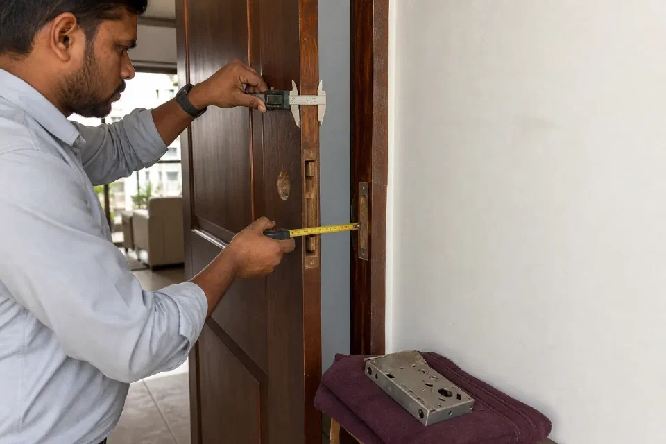 Illustrative Gurugram apartment main-door survey measuring thickness backset centre distance and opening direction