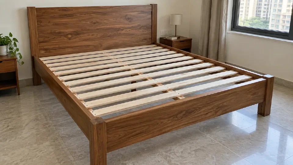 An unloaded timber bed base with level slats and a centre support below them